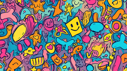 Naklejka na meble Cheerful collection of colorful doodle shapes, including stars, smiley faces, and abstract designs, creating vibrant and playful atmosphere
