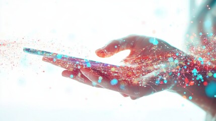 Poster - Bright Hand Holding Smartphone on White Background