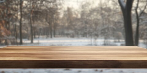 Poster - Wooden Tabletop against a Blurred Winter Forest Background