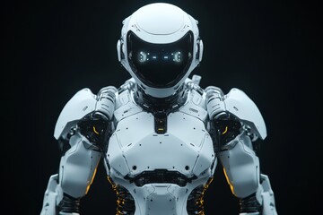 Aufkleber - Futuristic humanoid robot stands in a dark environment showcasing advanced technology and design