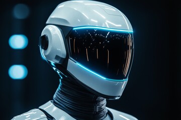 Aufkleber - Futuristic robot with a sleek design and illuminated visor showcasing advanced technology in a dimly lit environment