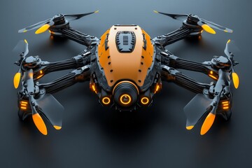 Poster - Detailed view of a futuristic drone with orange accents and advanced propeller design on a dark surface