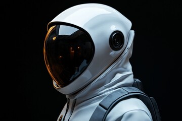 Poster - Space explorer in a futuristic astronaut suit poses against a dark background showcasing advanced helmet technology