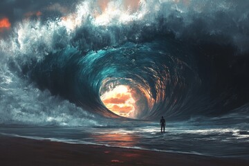 Aufkleber - Massive wave curls near shore as person stands in awe during sunset