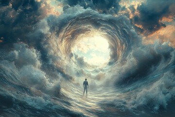Poster - Vast ocean waves surround a figure standing in the center of a swirling vortex of clouds and light during a dramatic sunset
