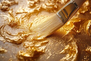 Poster - Brush creates intricate patterns with shimmering gold paint on textured canvas during an artistic session