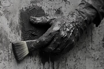 Poster - Hand applying gray texture with brush on wall in artistic renovation project