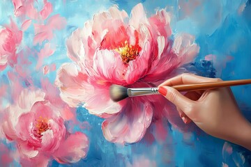 Aufkleber - Vibrant hand painting detailed pink peonies against a blue artistic background