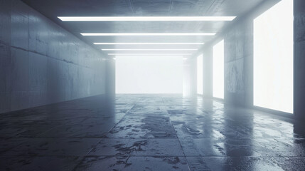 Poster - modern, minimalist interior space with wet concrete floors and bright, glowing windows. atmosphere i
