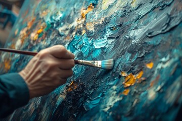 Poster - Colorful abstract painting process in an artist studio with a brush applying vibrant textures
