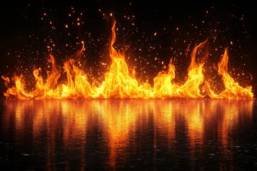 Aufkleber - Vibrant flames dance above a reflective surface creating a stunning visual display of fire and light at night