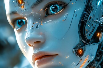 Aufkleber - Futuristic robot close-up showcases intricate details and expressive design in a vibrant, high-tech environment