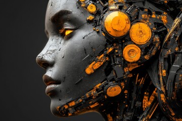 Poster - Futuristic robotic female face closeup with intricate details and glowing orange accents