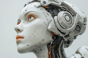Poster - Modern humanoid robot head showcasing intricate design, technology, and artistry in a futuristic setting