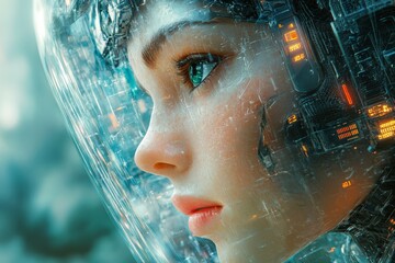 Fototapete - Futuristic portrait of a woman with cybernetic enhancements in a high-tech environment
