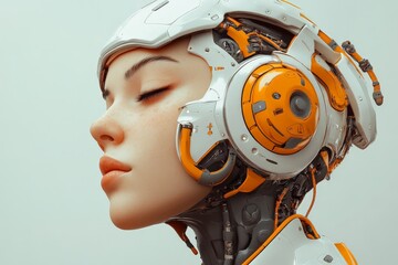 Aufkleber - Futuristic humanoid robot expresses serenity with intricate design and advanced technology in a minimalist setting
