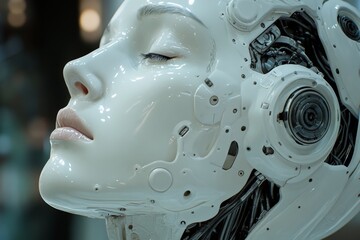 Aufkleber - Contemporary robot head showcasing advanced technology and intricate design in a modern setting