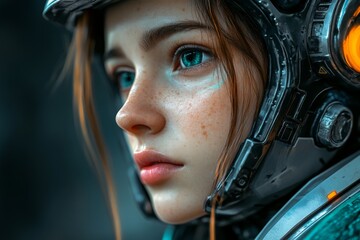 Poster - Young female astronaut in futuristic gear explores unknown worlds with curiosity and determination