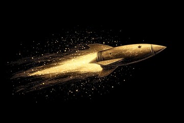 Poster - Golden rocket soaring through space with a trail of shimmering sparks in a dark background