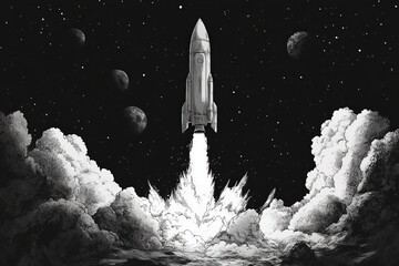 Poster - Rocket launch in outer space surrounded by planets and clouds at night sky