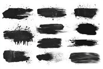 Poster - Black paint strokes and textures arranged in a creative layout ideal for artistic designs and backgrounds