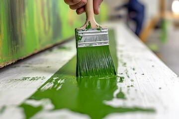 Poster - Fresh green paint is applied with a brush on a wooden surface in a workshop setting during daylight hours