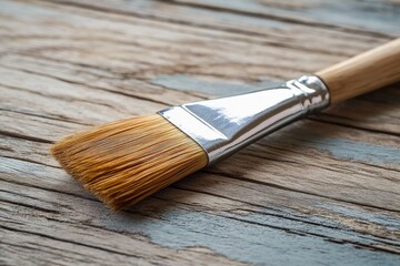 Poster - Detailed view of a paintbrush resting on a weathered wooden surface during an arts and crafts project