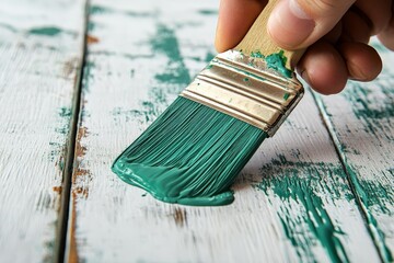 Poster - Hand holding a brush applying green paint on distressed wooden surface in bright daylight