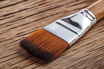 Poster - Quality paintbrush resting on rustic wooden surface showcases fine bristles used for art and craftsmanship