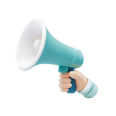 Poster - 3d icon Hand holding turquoise megaphone with cartoon style, broadcasting message on transparent background for marketing communication needs