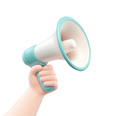 Poster - 3d icon Hand holding megaphone with cartoon style, broadcasting message on cutout isolated on a transparent background for marketing communication needs