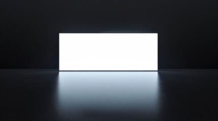 Poster - bright rectangular light source illuminates dark space, creating stark contrast. smooth surface reflects light, enhancing minimalist aesthetic