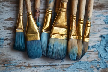 Poster - Collection of paintbrushes resting on a weathered wood surface in soft natural light