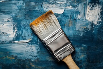 Poster - Brush rests on vibrant blue paint texture revealing creative art in progress