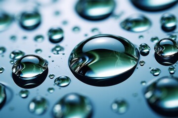 Poster - close-up view of water droplets on smooth surface reflecting light with delicate textures and reflec