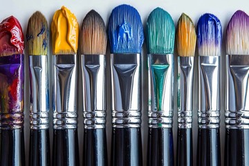 Poster - Vibrant paintbrushes with colorful paint arranged neatly on a clean surface for an artistic project
