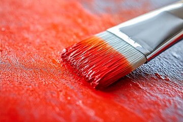 Poster - Brush covered in red paint rests on an artist's canvas in a creative workspace filled with vibrant colors and tools