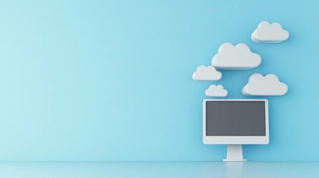 Modern computer setup with cloud icons on a light blue background, representing digital technology, innovation, and creativity in a minimalist style