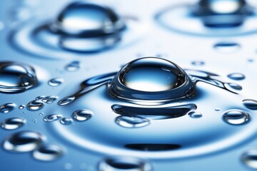 Poster - Close-Up View of Water Droplets on Blue Surface with Reflective Light Creating a Beautiful and Serene Atmosphere