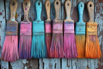 Poster - Collection of vibrant paintbrushes arranged in a colorful gradient display against a weathered wooden background