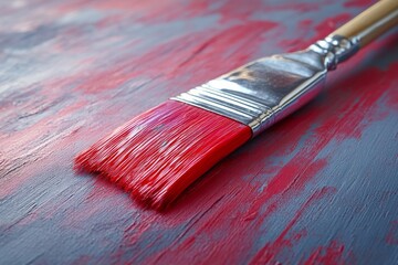 Poster - Bright red paintbrush resting on a textured surface with red and gray hues in an art studio workspace