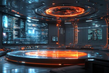 Poster - Futuristic control room with glowing interfaces and holographic displays in a sci-fi environment