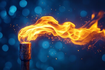 Aufkleber - Flame dances brightly from a metal torch against a blurred blue background at a nighttime gathering