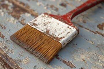 Poster - Weathered paintbrush rests on aged wooden surface during a DIY home project
