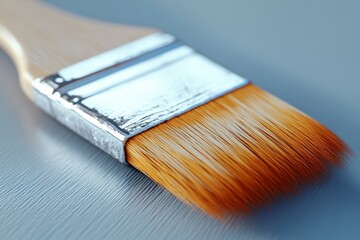 Poster - Brush for painting with orange bristles resting on a smooth surface in an artistic workspace during daylight hours