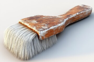 Poster - Brush with worn bristles rests on a neutral surface highlighting its weathered wood handle