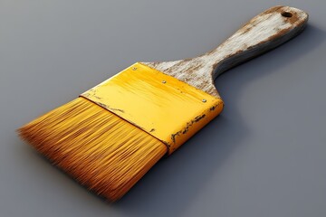 Poster - Detailed view of a weathered paintbrush with a worn handle and vibrant bristles on a neutral background