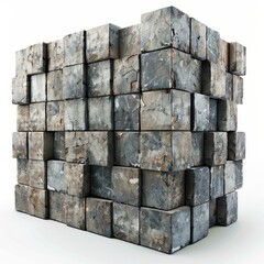 Poster - Many worn concrete cubes are stacked together, creating a large block on a white background