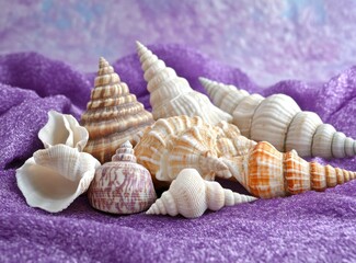 Seashells and shells on purple background with copy space for text. Summer beach banner template, blue ocean marine life. 