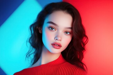 Wall Mural - A stunning young woman with wavy hair poses against a vibrant red and blue backdrop, exuding confidence and grace. Colorful Glow, Dual-Tone Studio Lighting